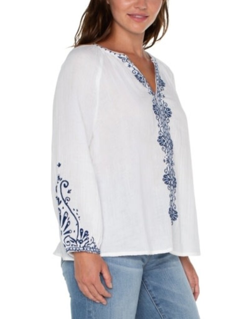 Liverpool Los Angeles Liverpool Long Sleeve Embroidered Double Gauze Woven Top Off White/Blue Ember