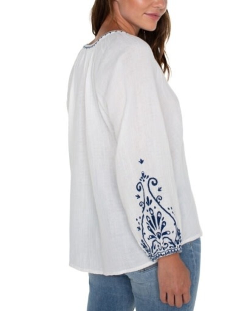 Liverpool Los Angeles Liverpool Long Sleeve Embroidered Double Gauze Woven Top Off White/Blue Ember