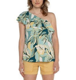 Liverpool Los Angeles Liverpool One Shoulder Ruffle Printed Woven Top Teal Tropical