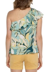 Liverpool Los Angeles Liverpool One Shoulder Ruffle Printed Woven Top Teal Tropical