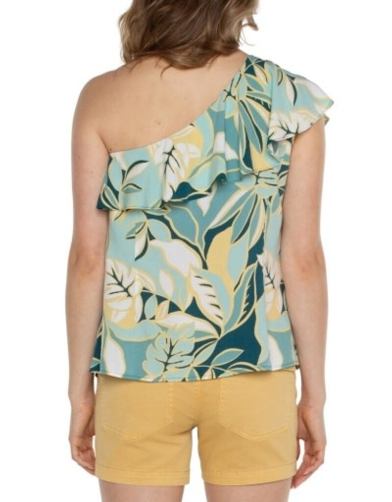 Liverpool Los Angeles Liverpool One Shoulder Ruffle Printed Woven Top Teal Tropical