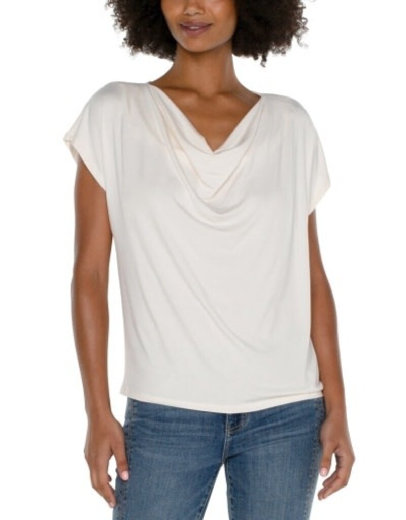 Liverpool Los Angeles Liverpool Short Sleeve Draped Cowl Neck Knit Top French Cream