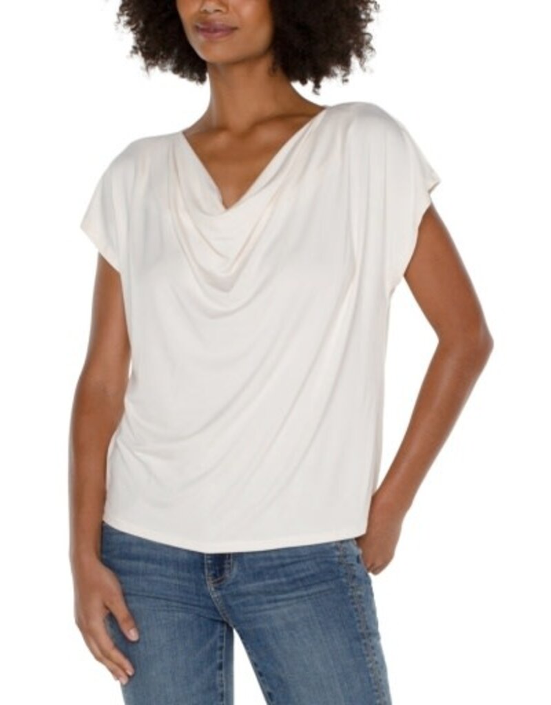 Liverpool Los Angeles Liverpool Short Sleeve Draped Cowl Neck Knit Top French Cream