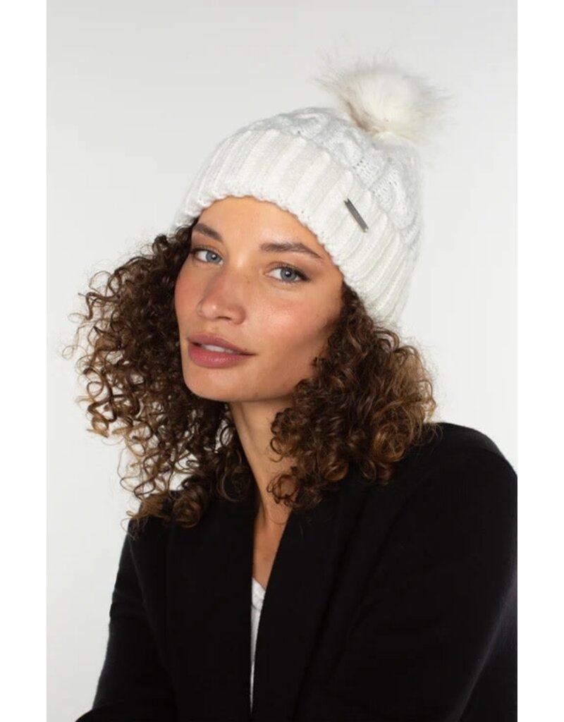 Liverpool Los Angeles Liverpool Cable Knit Beanie Faux Fur Pom Snow White