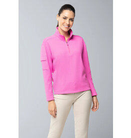IBKul IBKul 1/4 Zip Solid Popcorn Stitch Pullover Hot Pink