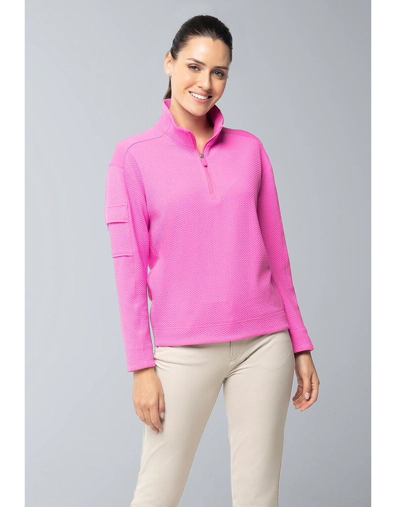 IBKul IBKul 1/4 Zip Solid Popcorn Stitch Pullover Hot Pink