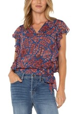 Liverpool Los Angeles Liverpool Short Ruffle Sleeve Draped Front Woven Blouse Blue Pink Floral