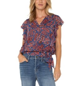 Liverpool Los Angeles Liverpool Short Ruffle Sleeve Draped Front Woven Blouse Blue Pink Floral