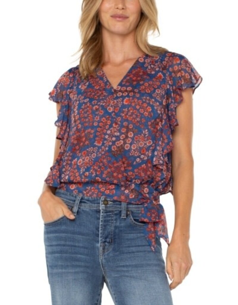 Liverpool Los Angeles Liverpool Short Ruffle Sleeve Draped Front Woven Blouse Blue Pink Floral
