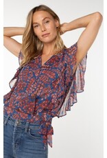 Liverpool Los Angeles Liverpool Short Ruffle Sleeve Draped Front Woven Blouse Blue Pink Floral
