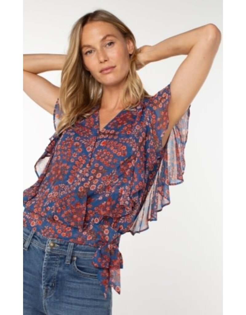 Liverpool Los Angeles Liverpool Short Ruffle Sleeve Draped Front Woven Blouse Blue Pink Floral