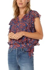 Liverpool Los Angeles Liverpool Short Ruffle Sleeve Draped Front Woven Blouse Blue Pink Floral