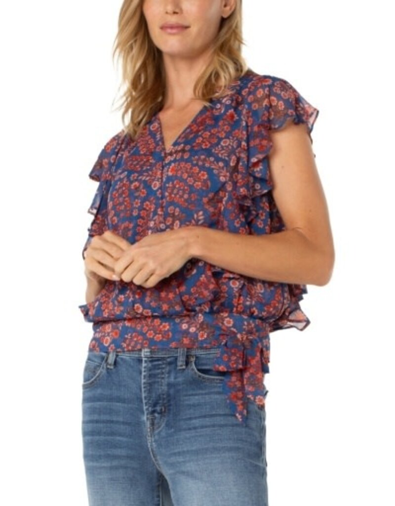 Liverpool Los Angeles Liverpool Short Ruffle Sleeve Draped Front Woven Blouse Blue Pink Floral