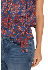 Liverpool Los Angeles Liverpool Short Ruffle Sleeve Draped Front Woven Blouse Blue Pink Floral