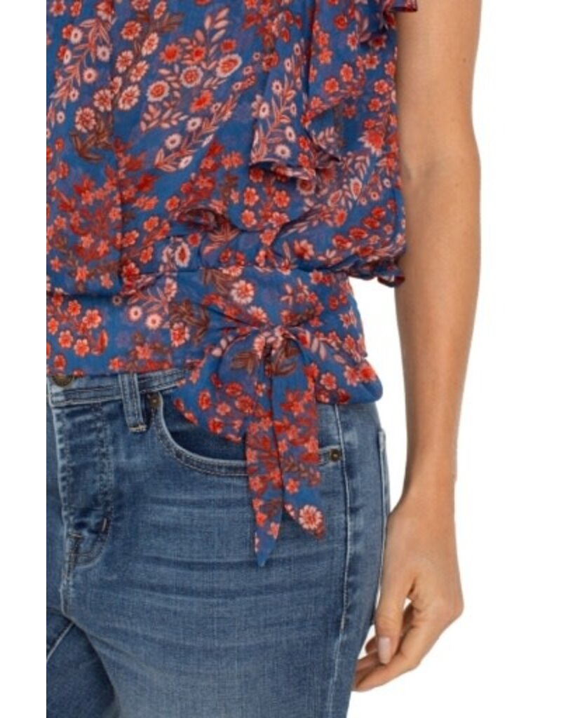 Liverpool Los Angeles Liverpool Short Ruffle Sleeve Draped Front Woven Blouse Blue Pink Floral