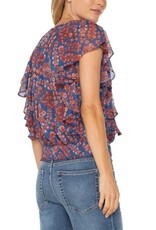 Liverpool Los Angeles Liverpool Short Ruffle Sleeve Draped Front Woven Blouse Blue Pink Floral