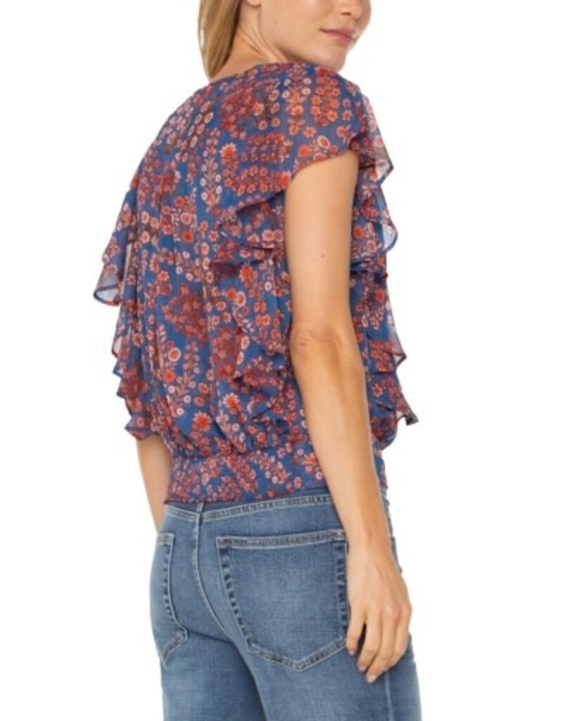 Liverpool Los Angeles Liverpool Short Ruffle Sleeve Draped Front Woven Blouse Blue Pink Floral