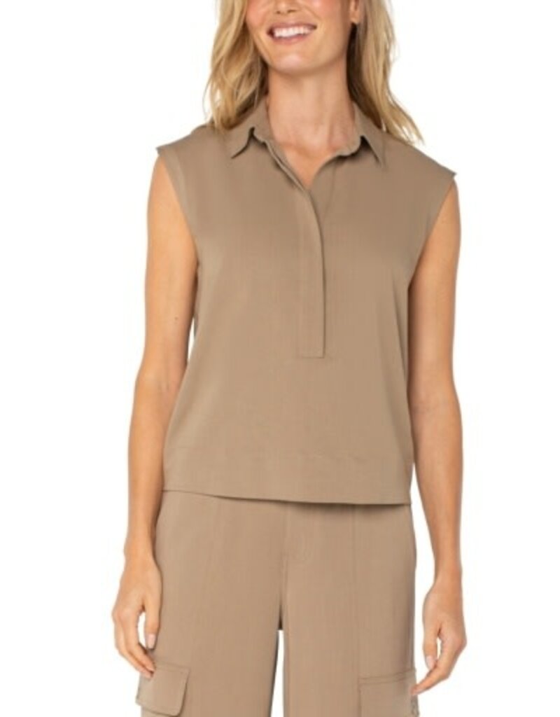 Liverpool Los Angeles Liverpool Sleeveless Cropped Shirt with Encased Elastic at Waist