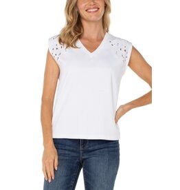 Liverpool Los Angeles Liverpool Cap Sleeve Dolman V-neck Knit Top with embroidery