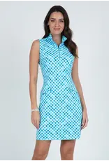 IBKul IBKul Gingham Check Sleeveless Zip Mock Dress Turq White