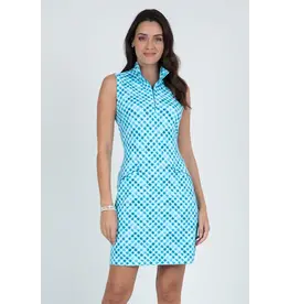 IBKul IBKul Gingham Check Sleeveless Zip Mock Dress Turq White