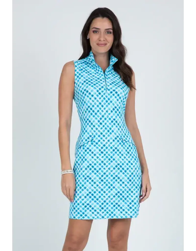 IBKul IBKul Gingham Check Sleeveless Zip Mock Dress Turq White