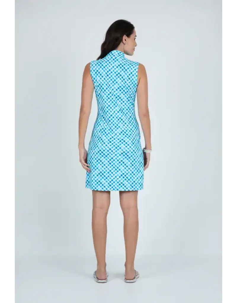 IBKul IBKul Gingham Check Sleeveless Zip Mock Dress Turq White