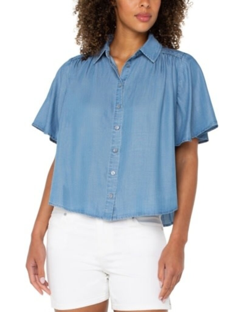 Liverpool Los Angeles Liverpool Half Sleeve Button Front Shirred Woven Blouse