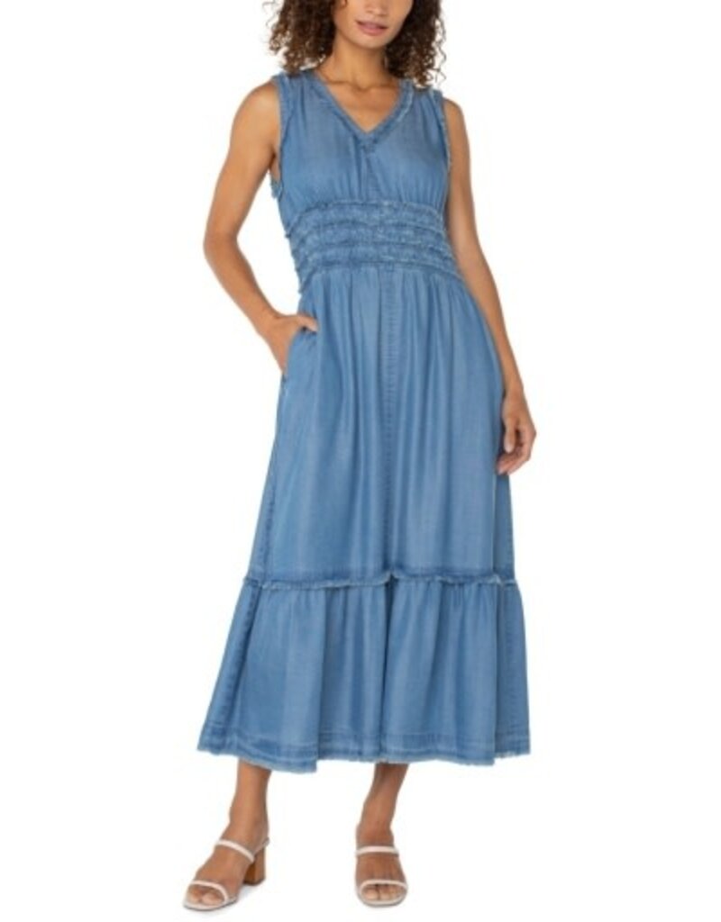 Liverpool Los Angeles Liverpool Smocked Vneck Fray Maxi Dress