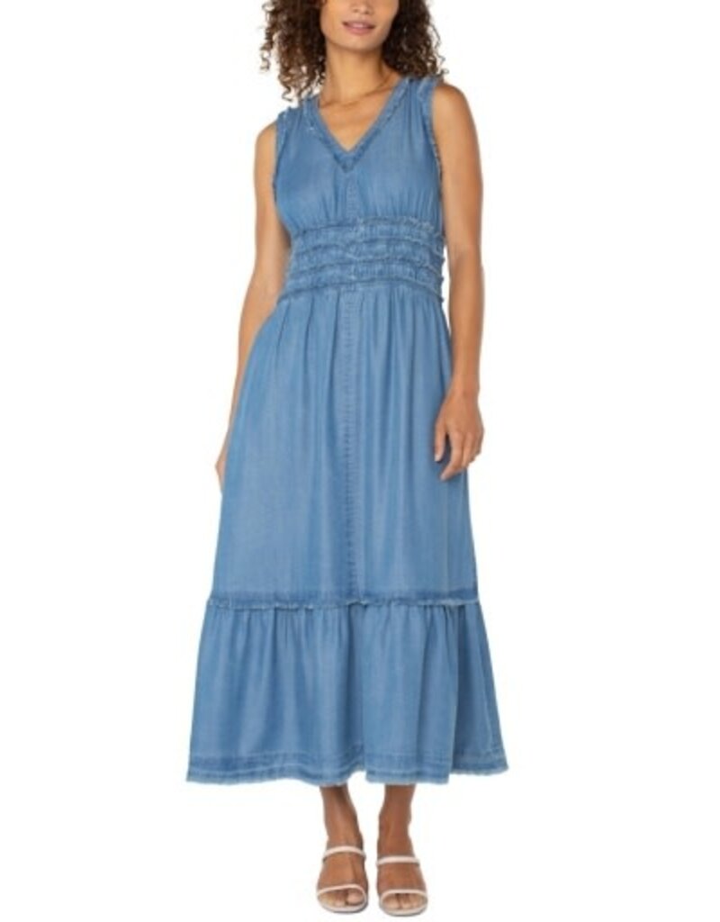 Liverpool Los Angeles Liverpool Smocked Vneck Fray Maxi Dress