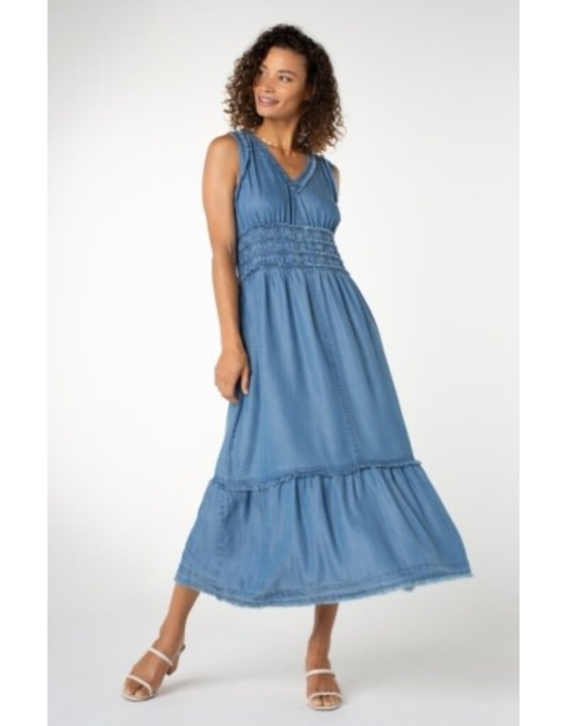 Liverpool Los Angeles Liverpool Smocked Vneck Fray Maxi Dress