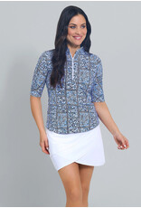 IBKul Ibkul Josie Mandarin Collar Ruched Elbow Top Navy/Peri
