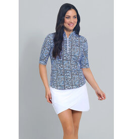 IBKul Ibkul Josie Mandarin Collar Ruched Elbow Top Navy/Peri