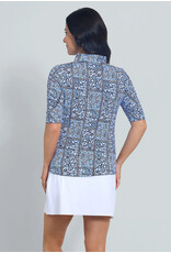 IBKul Ibkul Josie Mandarin Collar Ruched Elbow Top Navy/Peri