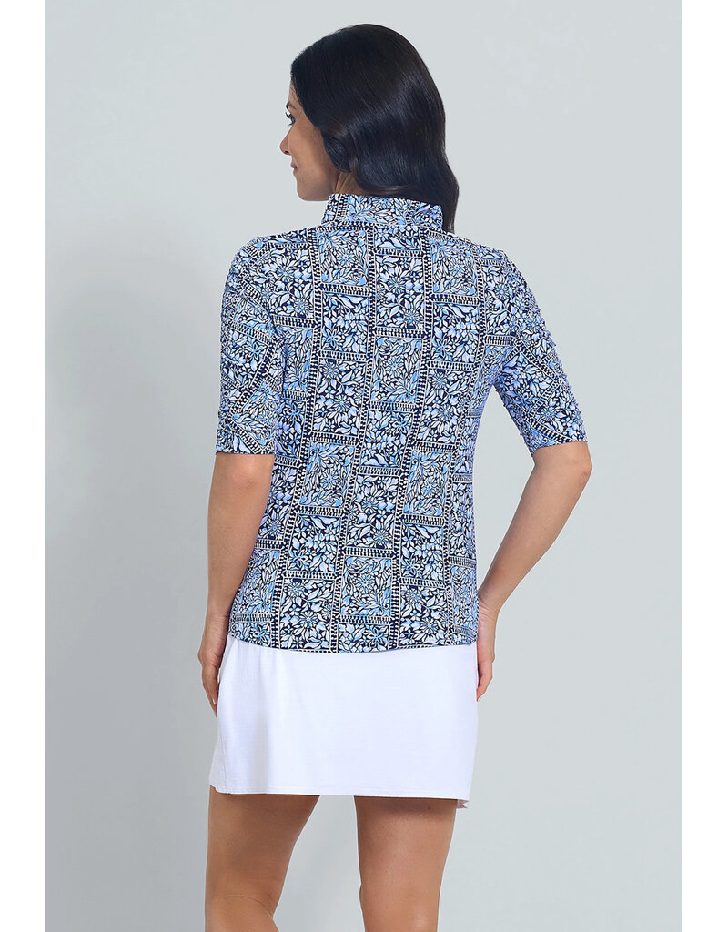 IBKul Ibkul Josie Mandarin Collar Ruched Elbow Top Navy/Peri