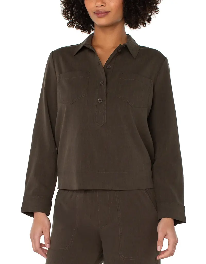 Liverpool Los Angeles Liverpool Popover Shirt with Elastic Waist Black Olive
