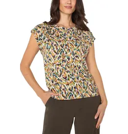 Liverpool Los Angeles Liverpool Sleeveless Shoulder Pleat Boat Neck Green Multi