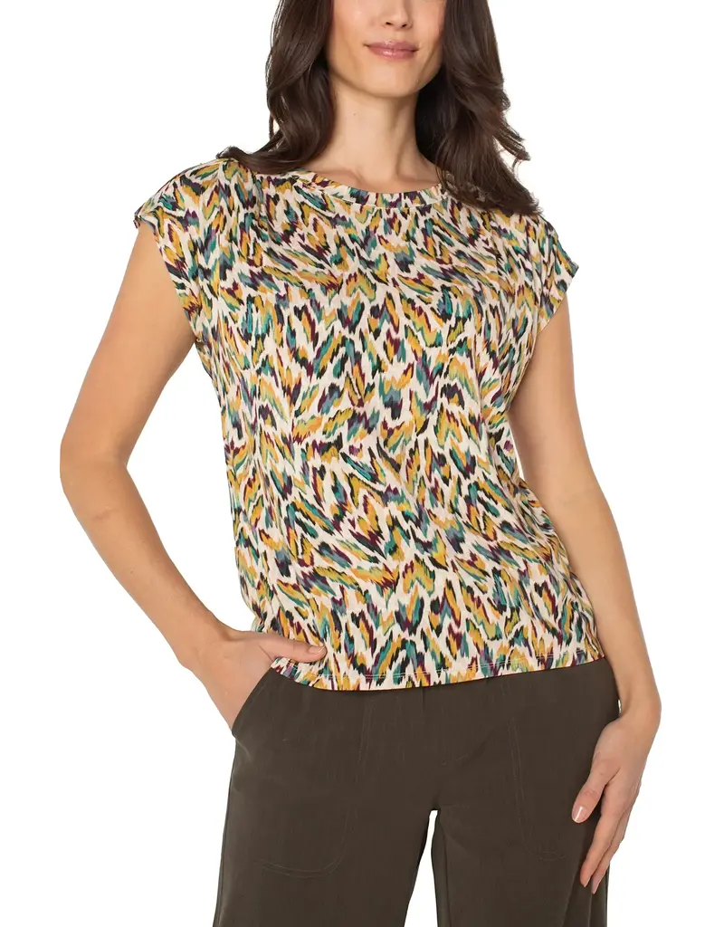 Liverpool Los Angeles Liverpool Sleeveless Shoulder Pleat Boat Neck Green Multi