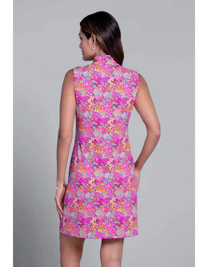 IBKul Ibkul Allana  Sleeveless Zip Mock Dress Hot Pink Multi