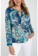 Liverpool Los Angeles Liverpool Long Sleeve Woven Top with Keyhole Neckline