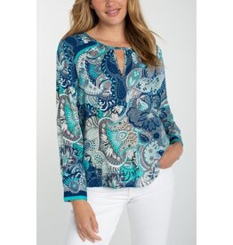 Liverpool Los Angeles Liverpool Long Sleeve Woven Top with Keyhole Nekline