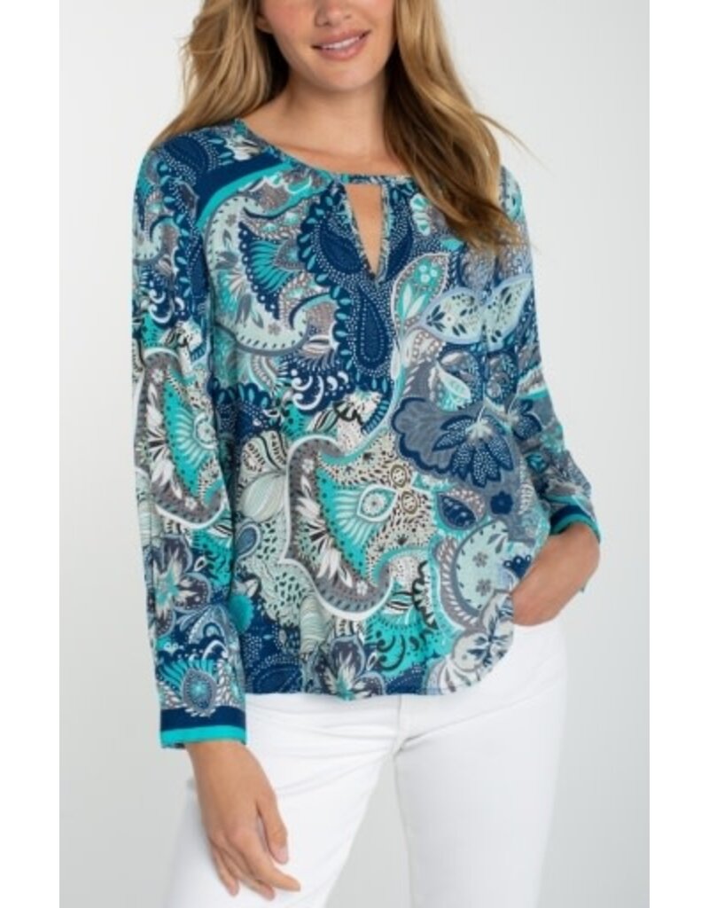 Liverpool Los Angeles Liverpool Long Sleeve Woven Top with Keyhole Neckline