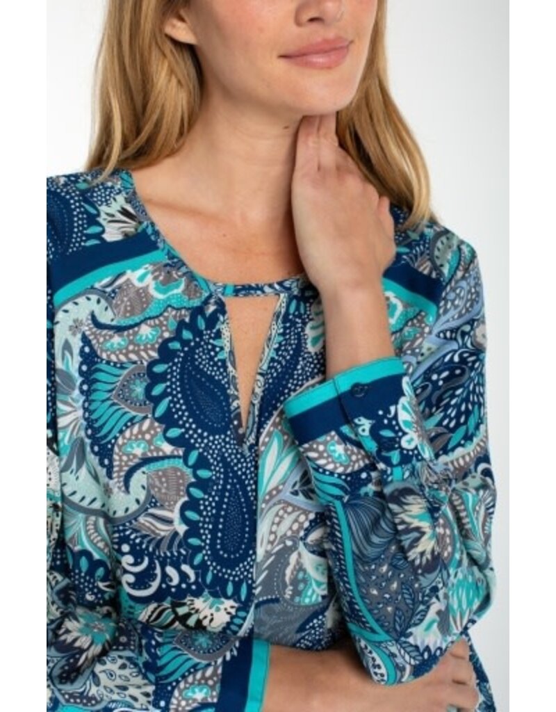 Liverpool Los Angeles Liverpool Long Sleeve Woven Top with Keyhole Neckline