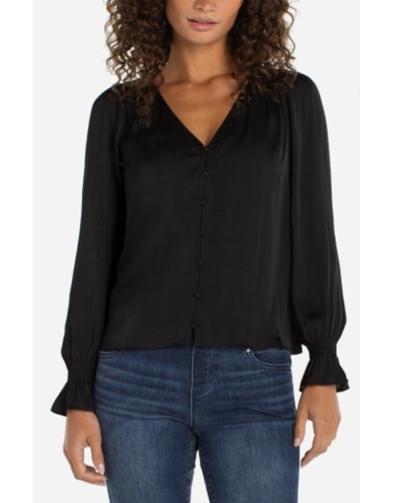 Liverpool Los Angeles Liverpool Long Sleeve Button Front Woven Top with Smocking