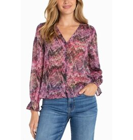 Liverpool Los Angeles Liverpool Long Sleeve Button Front Woven Top with Smocking