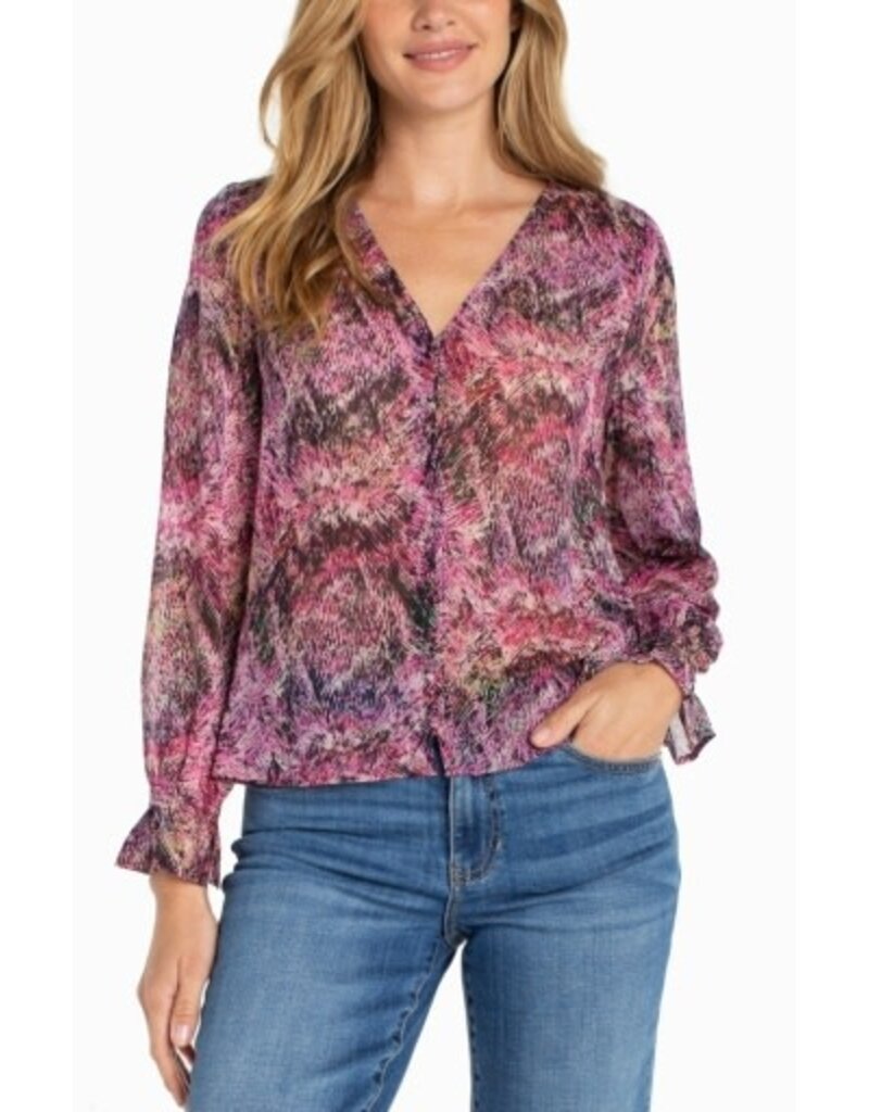 Liverpool Los Angeles Liverpool Long Sleeve Button Front Woven Top with Smocking