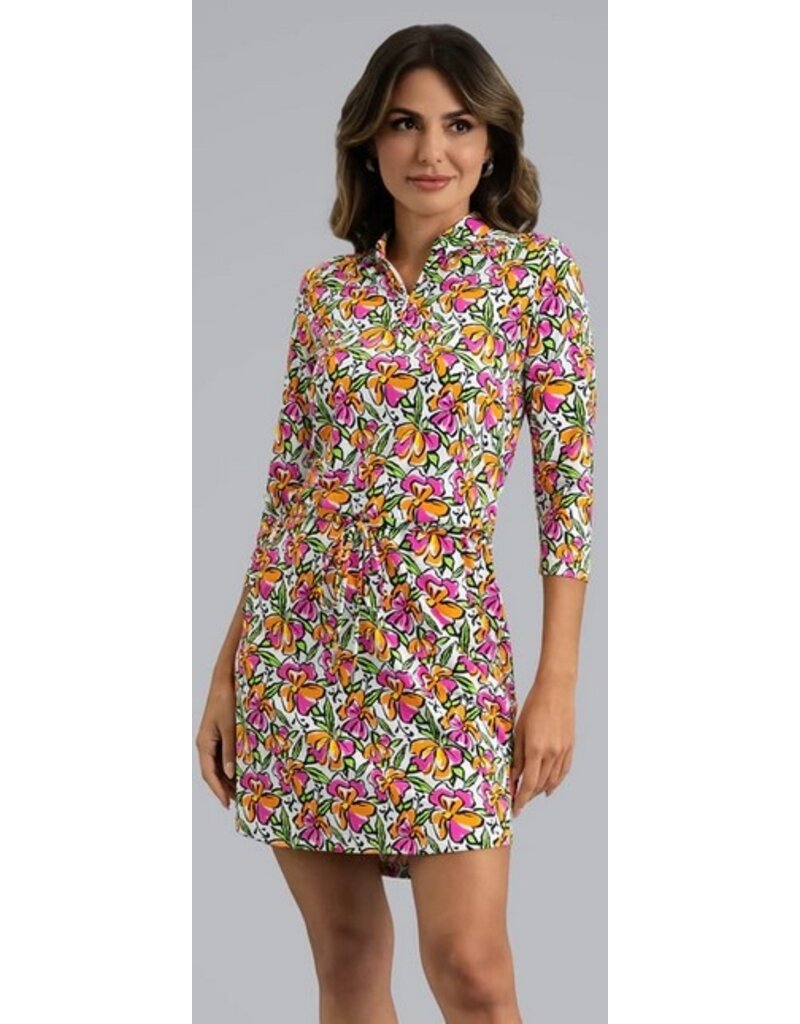 IBKul IBKul Sonia 3/4 Sleeve Drawstring Dress Hot Pink/Orange