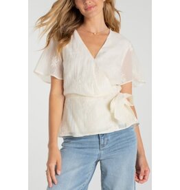 Liverpool Los Angeles Liverpool Short Sleeve Wrap Front Woven Top w/ tie