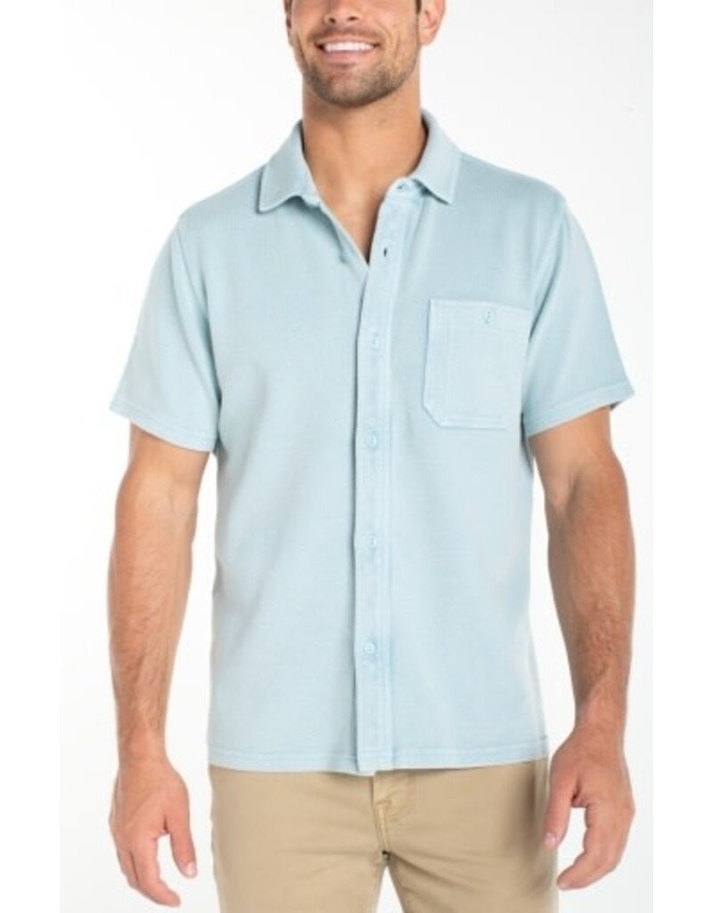 Liverpool Los Angeles Liverpool Short Sleeve Knit Button Up Shirt Blue Aura