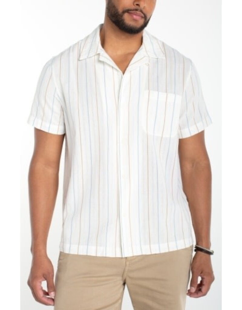 Liverpool Los Angeles Liverpool Short Sleeve Button Up Camp Shirt Ivory Aqua Stripe